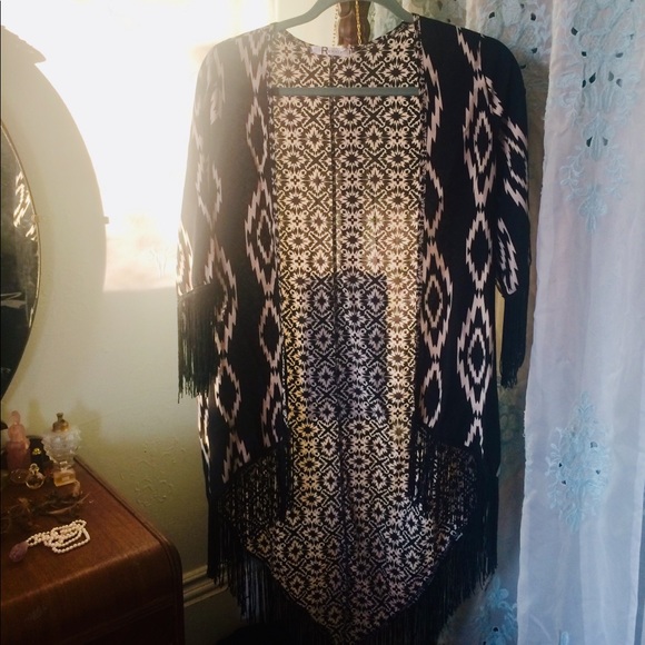 Southwestern Geo Print Fringe Cardigan Kimono M/L - Picture 2 of 7